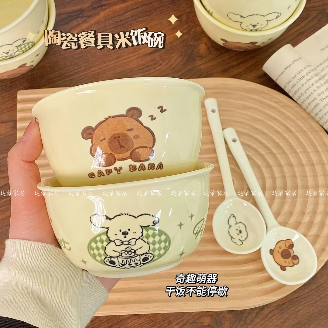 可爱陶瓷米饭碗套装釉下彩ins高颜值宿舍餐具可爱碗家用吃饭