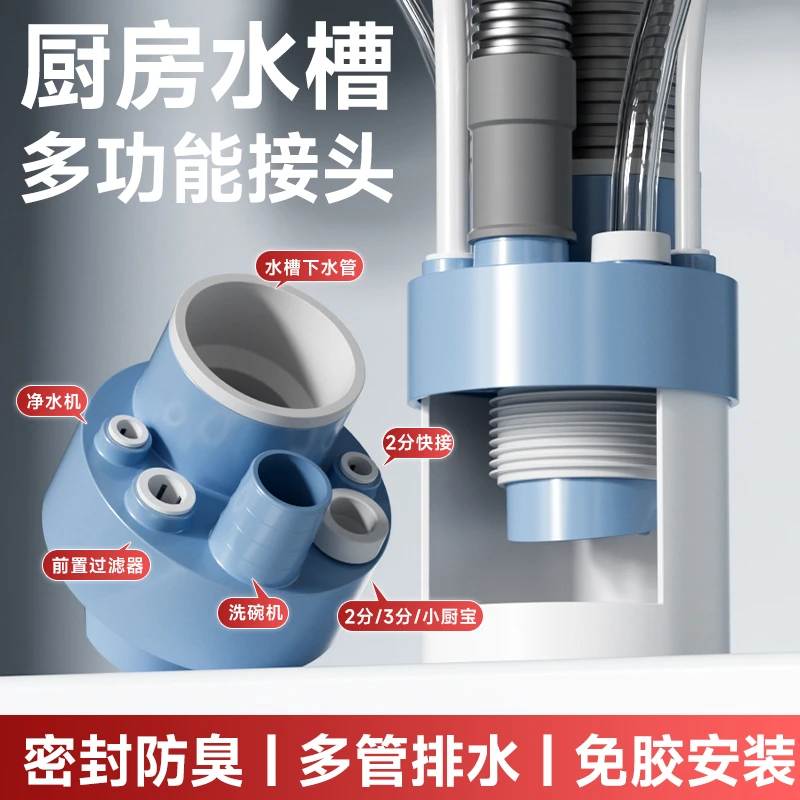 初玉轩厨房下水管5075通用防臭多功能排水下水六通止逆分流水接头