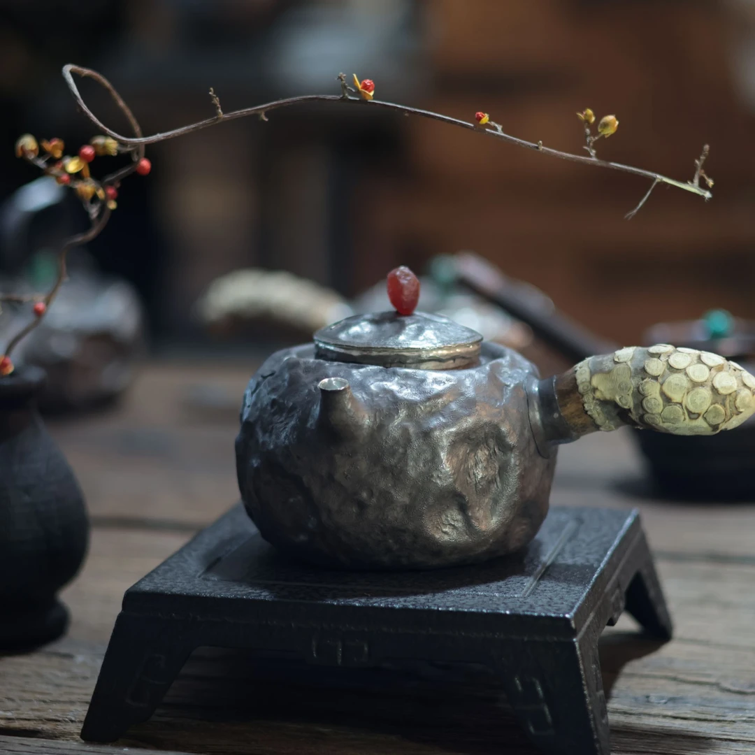 【夷嘉茗友】侘寂随形竹根侧把煮水银壶，999银，大容量，复古