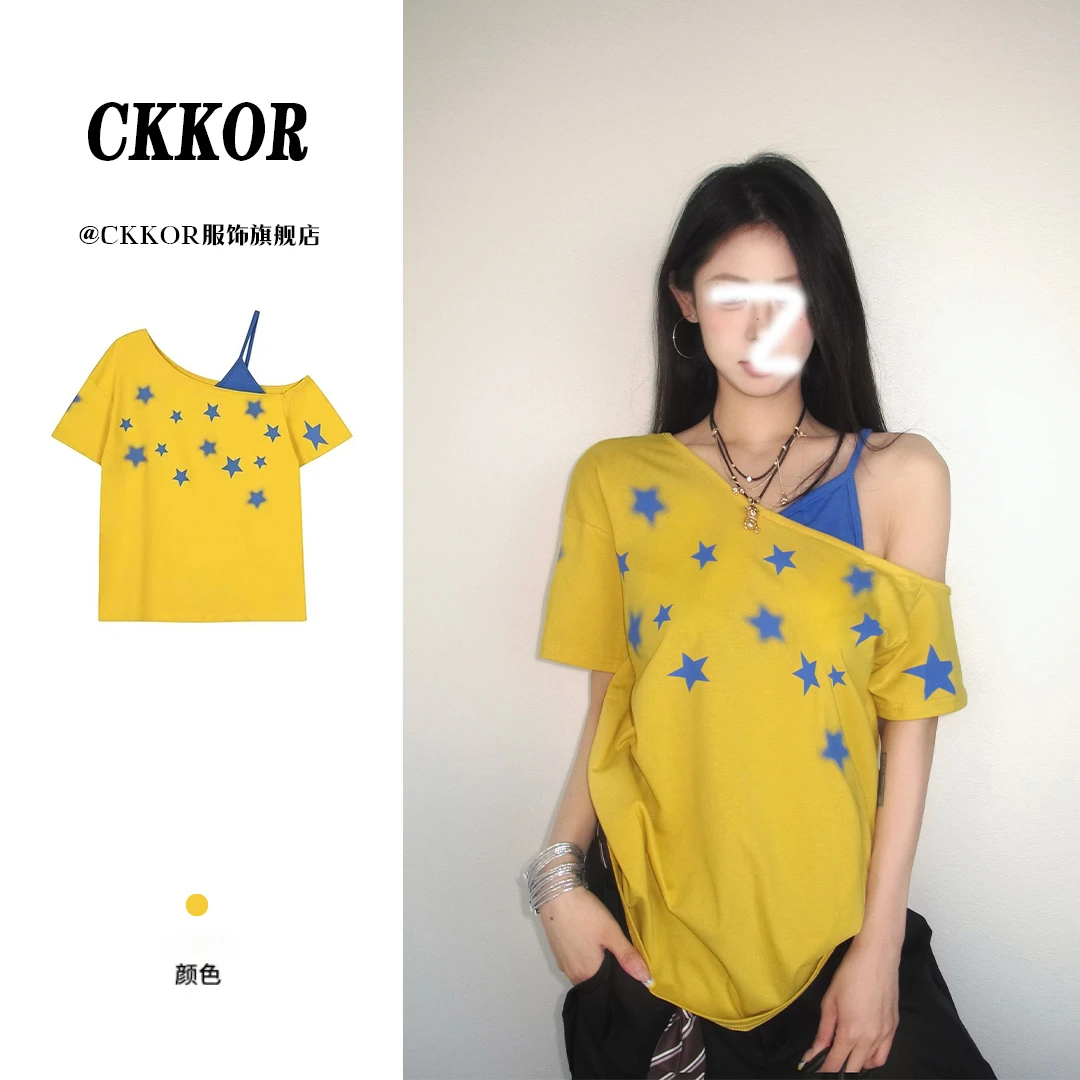 CKKOR夏季假两件斜肩上衣服性感露肩短袖t恤女韩版百搭时尚设计款