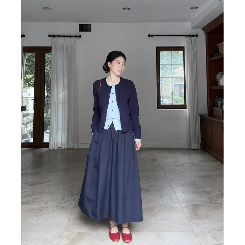 郭九九呢 气质显瘦假两件撞色针织开衫宽松散摆半身裙 G925Z13925