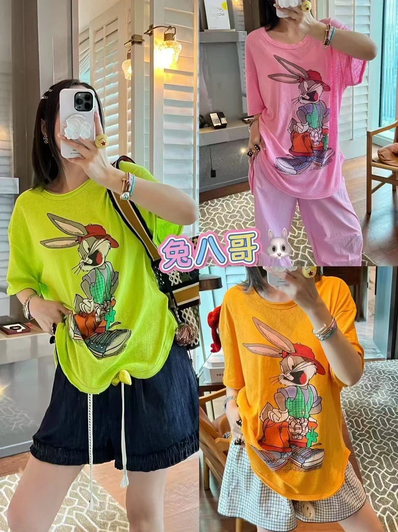 欧洲站BOHAN秀秀2025夏新品兔子字母笑脸冰丝针织T恤潮牌上衣欧货