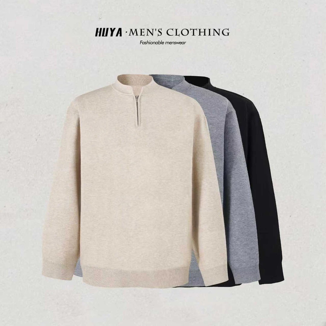 虎牙兄弟慵懒感毛衣男款冬季高级感半拉链设计花纱针织衫M8119