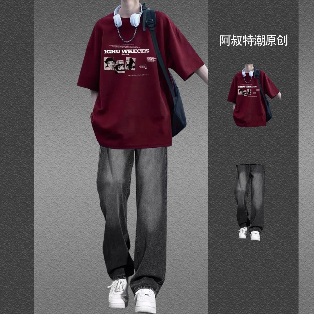 青少年重磅短袖T恤港风夏季套装男生酷帅气一整套穿搭牛仔裤学生