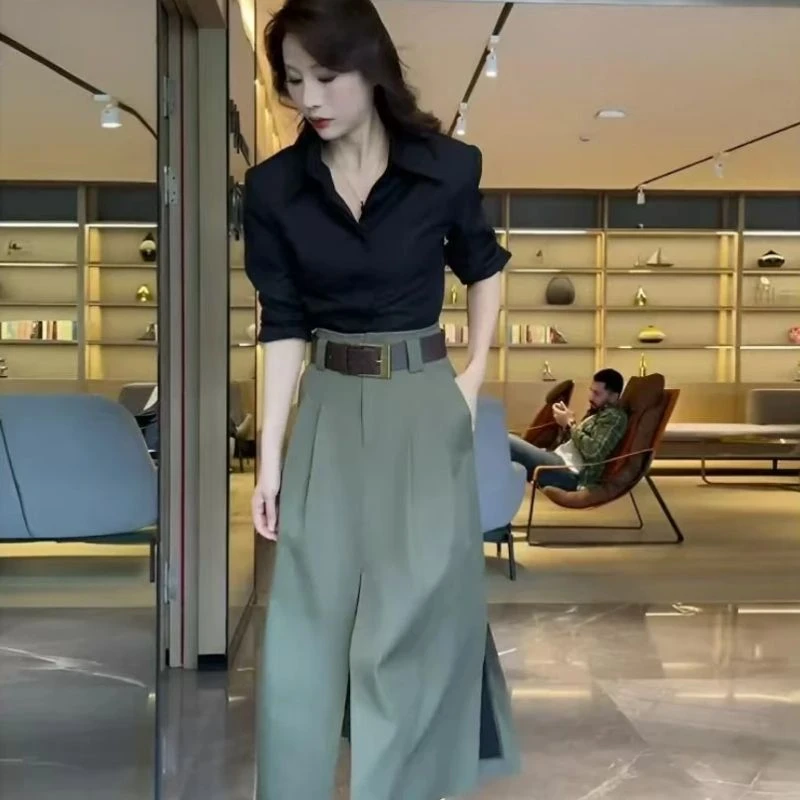 御姐穿搭套装女秋季时尚通勤百搭长袖衬衫设计感开叉半身裙两件套