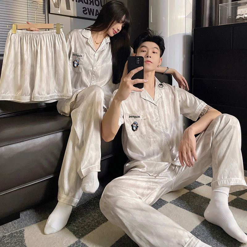 2025新款情侣冰丝三件套夏季可外穿可爱企鹅高级感短袖女大睡衣