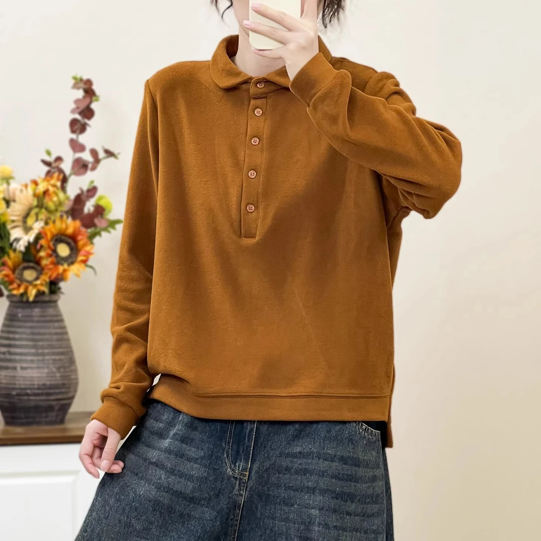 半开扣翻领双面德绒卫衣女2025冬季新款宽松显瘦百搭上衣打底衫