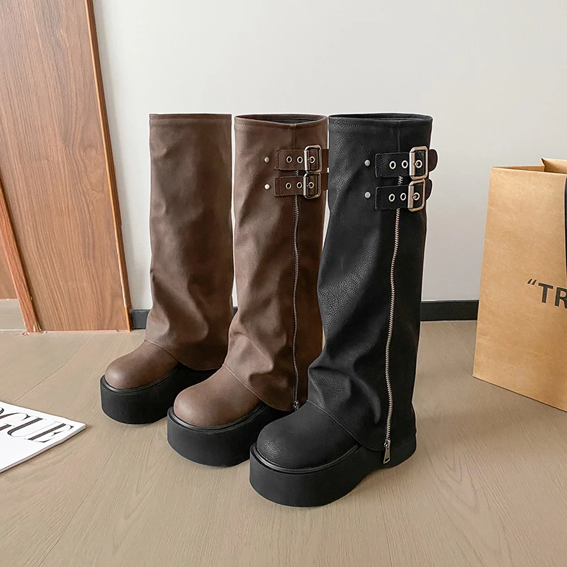厚底增高2025年秋季长筒靴女小个子裤管松糕骑士靴胖MM加宽中筒靴