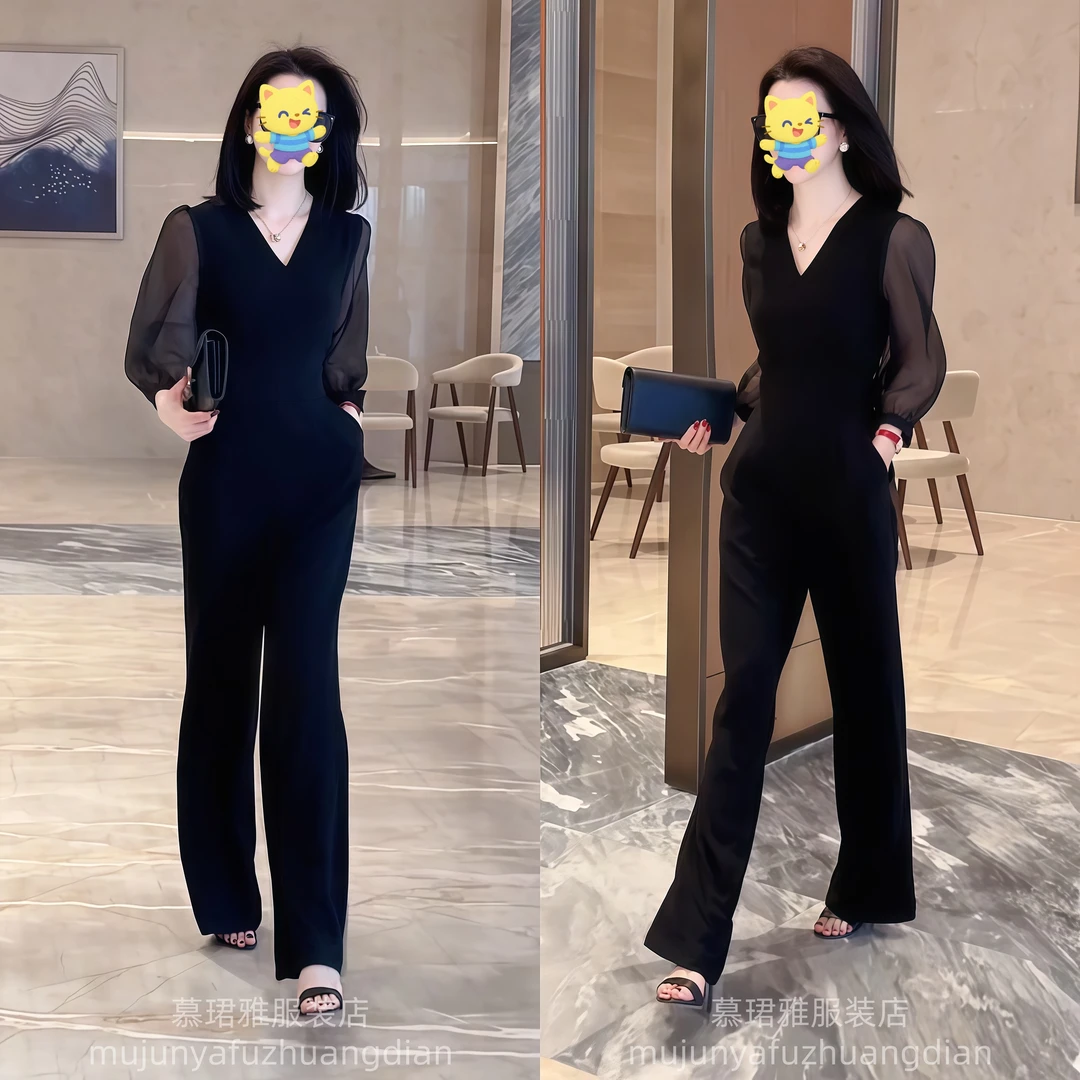 2025年春季新款优雅V领网纱袖收腰阔腿显瘦连体衣裤高级感洋气女