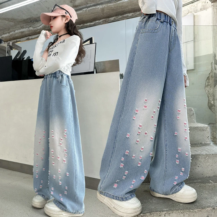 女童牛仔裤春秋款2025新款儿童6-12岁15直筒牛仔裤宽松女孩阔腿裤