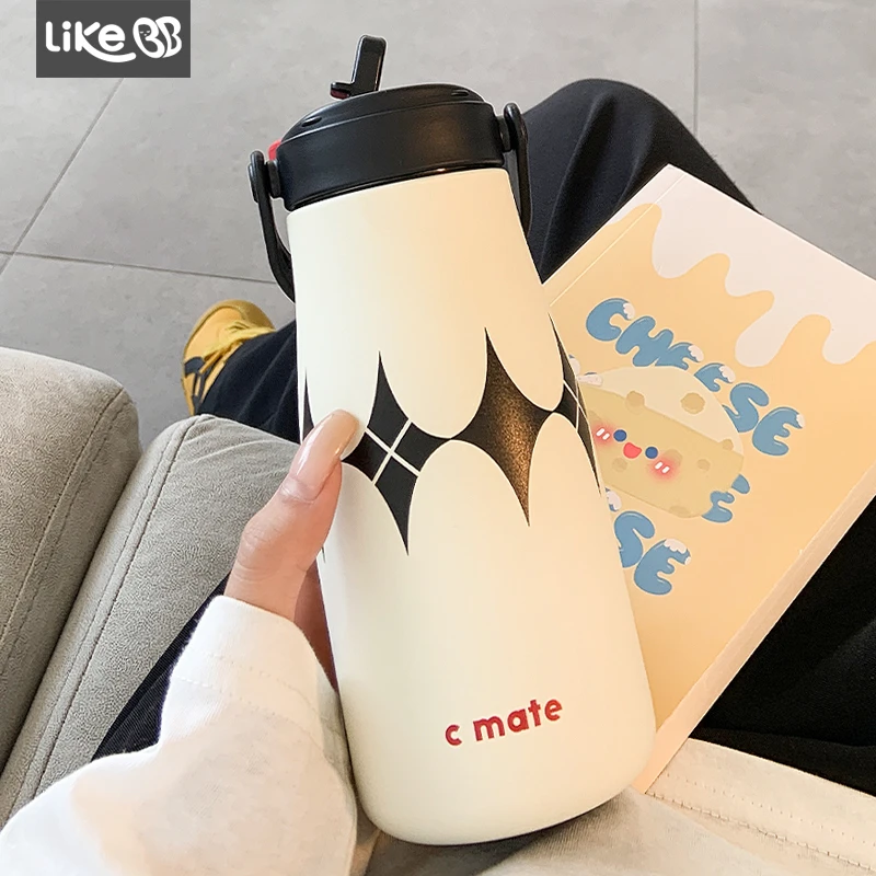 简约保温杯女生吸管水杯女新款2025高颜值大容量泡茶陶瓷内胆杯子