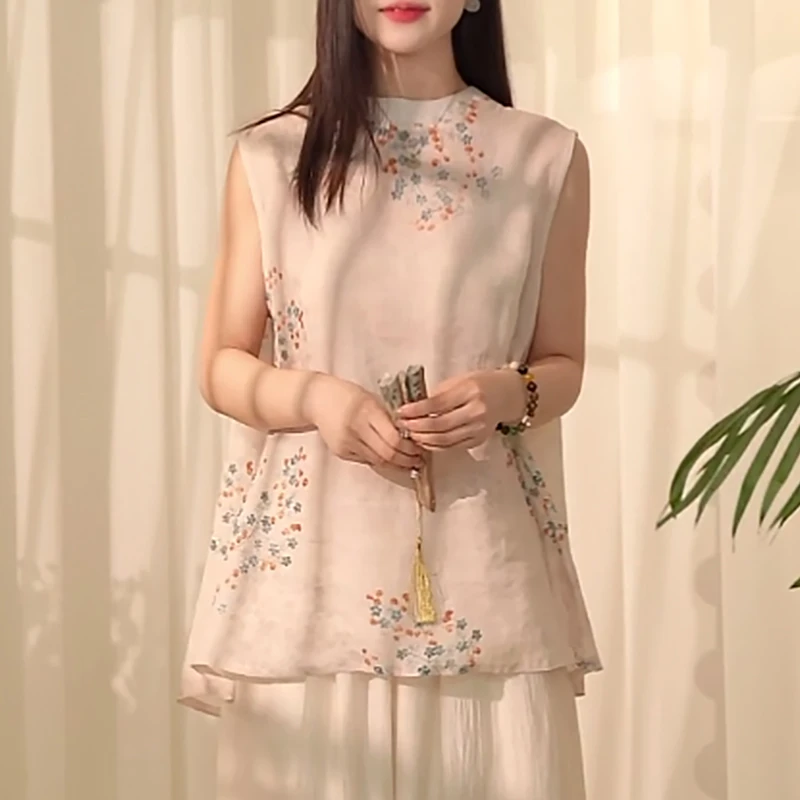 2025夏季新款圆领新中式复古显瘦薄款无袖衬衫上衣女独特漂亮小衫