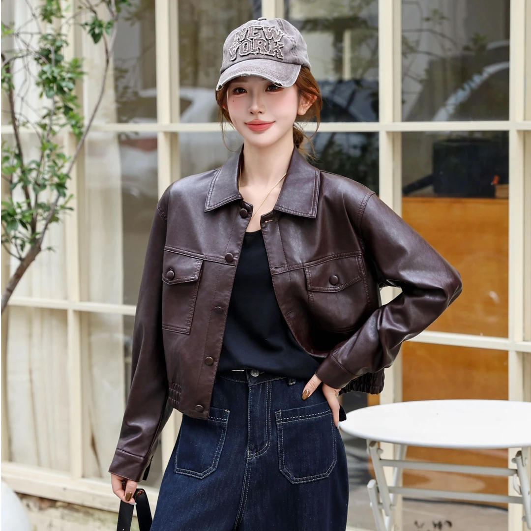 【宋轶同款】2025新款植鞣皮皮衣外套翻领上衣百搭开衫皮夹克