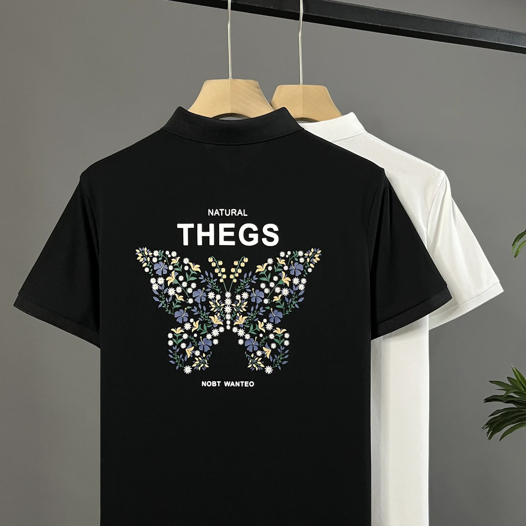 男士夏季蝴蝶印花修身Polo衫2025年时尚个性帅气轻奢翻领半袖