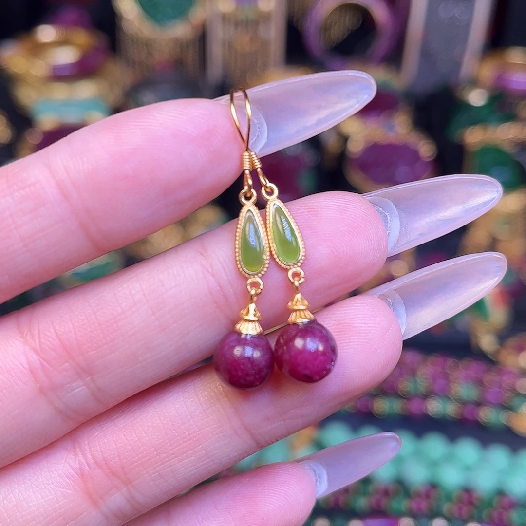 红宝石耳饰银S925镶嵌