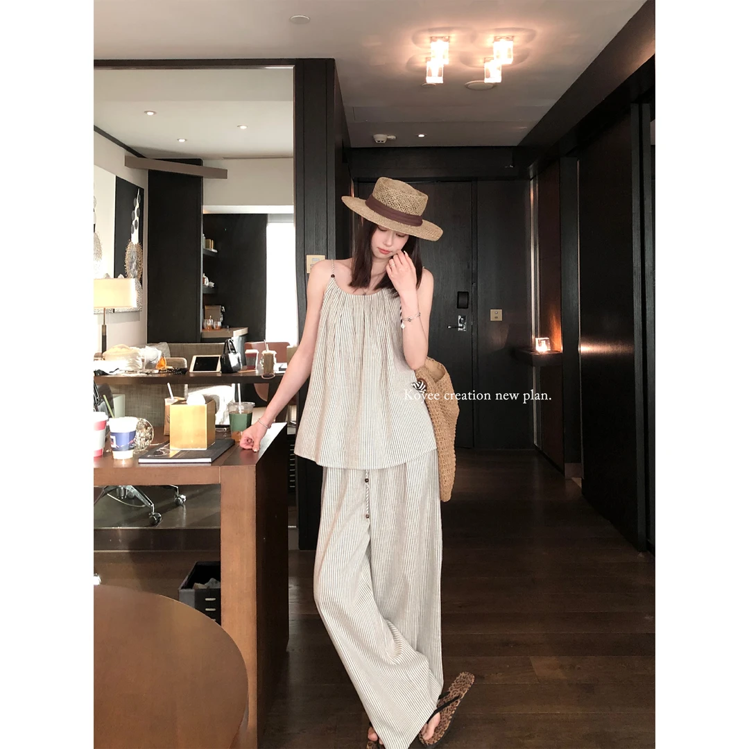 KOYEE   漫度周末！天丝亚麻条纹吊带休闲裤套装