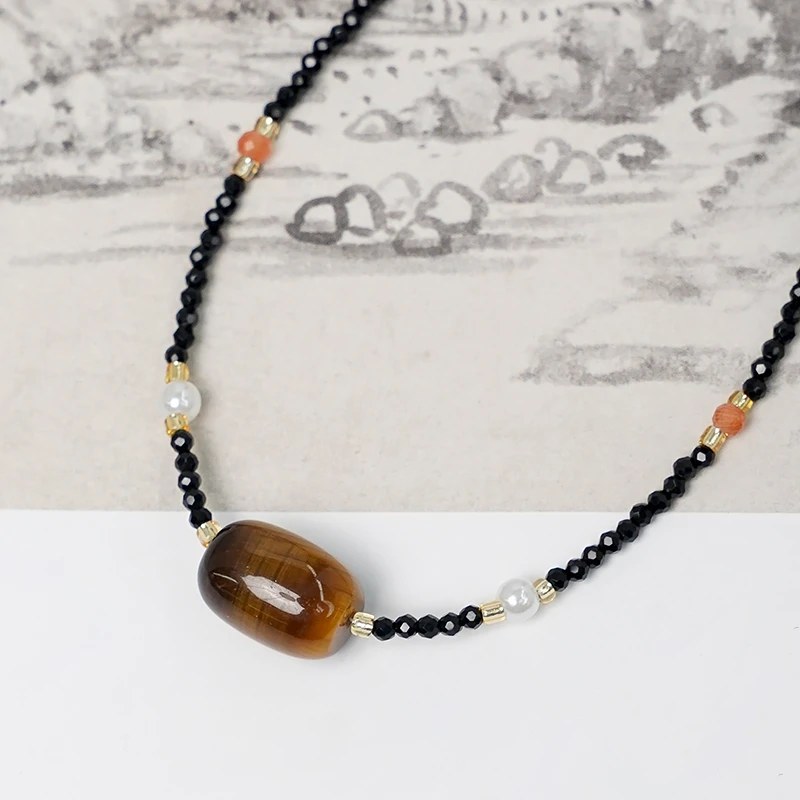 轻奢气质时尚天然尖晶石加虎眼石南红玛瑙隔珠百搭款项链 -2395