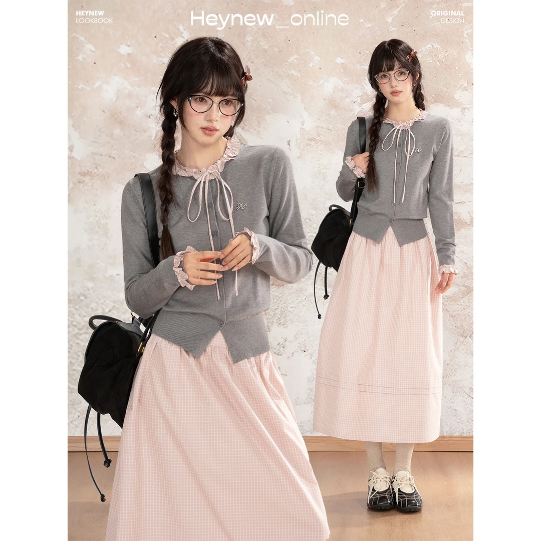 【想见你】韩系假两件木耳边毛衣针织开衫显瘦格纹半裙套装WP654AHN