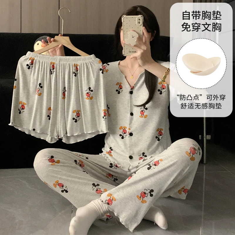 2025新款米奇睡衣女三件套带胸垫夏季短袖开衫可爱卡通家居服套装