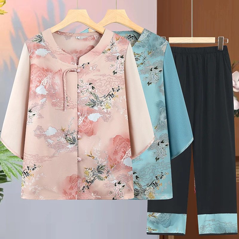 妈妈薄款套装夏季两件套唐装奶奶装衣服老太太老人妈妈装夏季