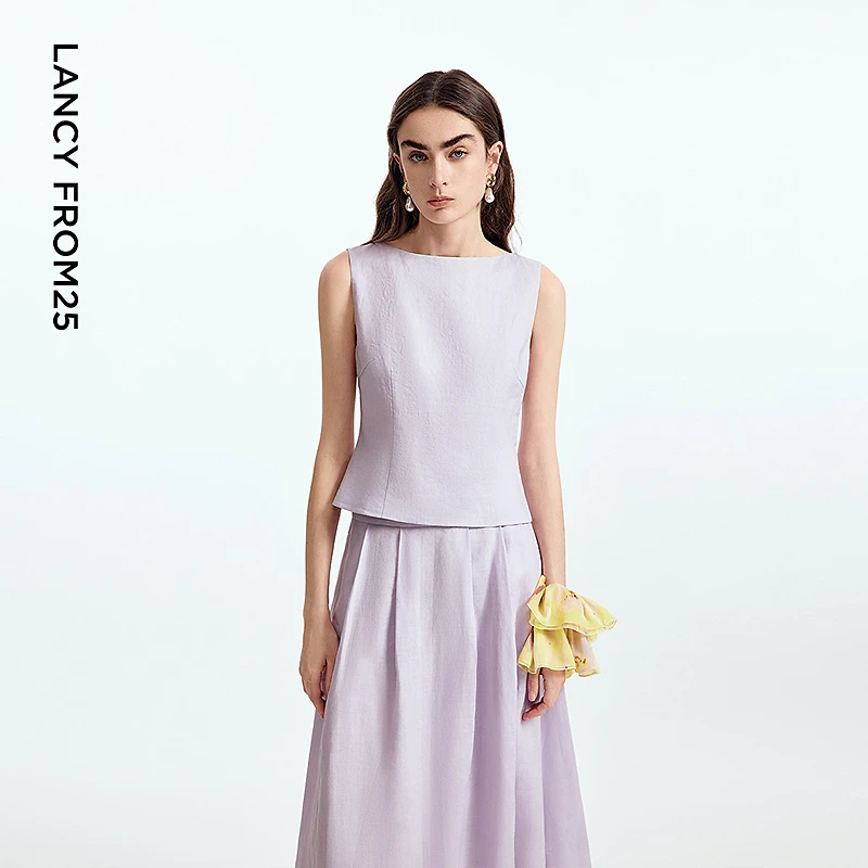 【漾25系列】朗姿苎麻印花修身无袖衬衫高级感上衣2025年夏季新款