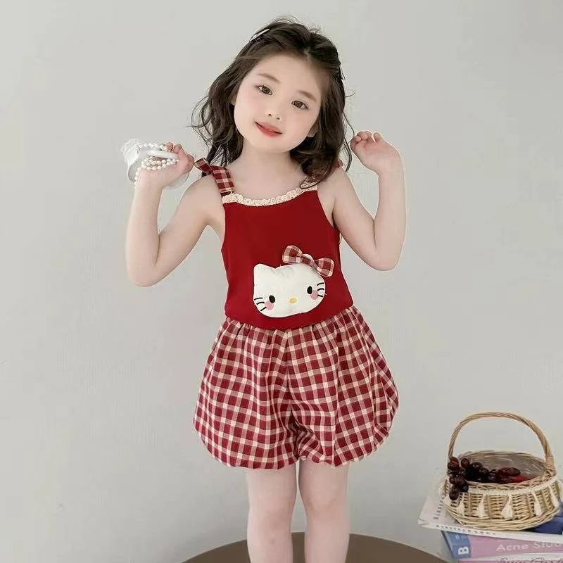 夏季洋气格子吊带套装卡通立体印花时尚女宝吊带短裤KT猫套装