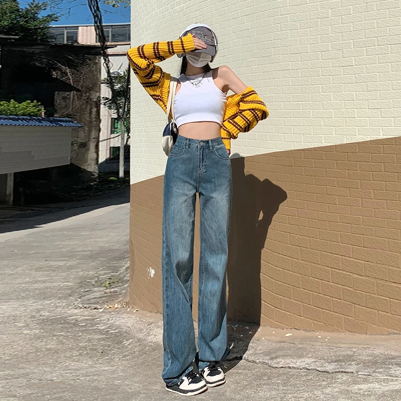 JS9988复古蓝水洗高腰阔腿牛仔裤设计感做旧宽松直筒显瘦拖地长裤