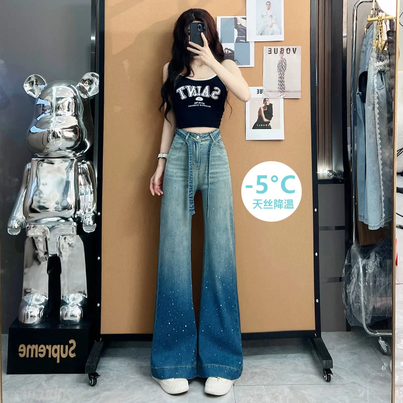 喜绚天丝莱赛尔天丝弹力渐变烫钻直筒牛仔裤女夏薄款2025年新款