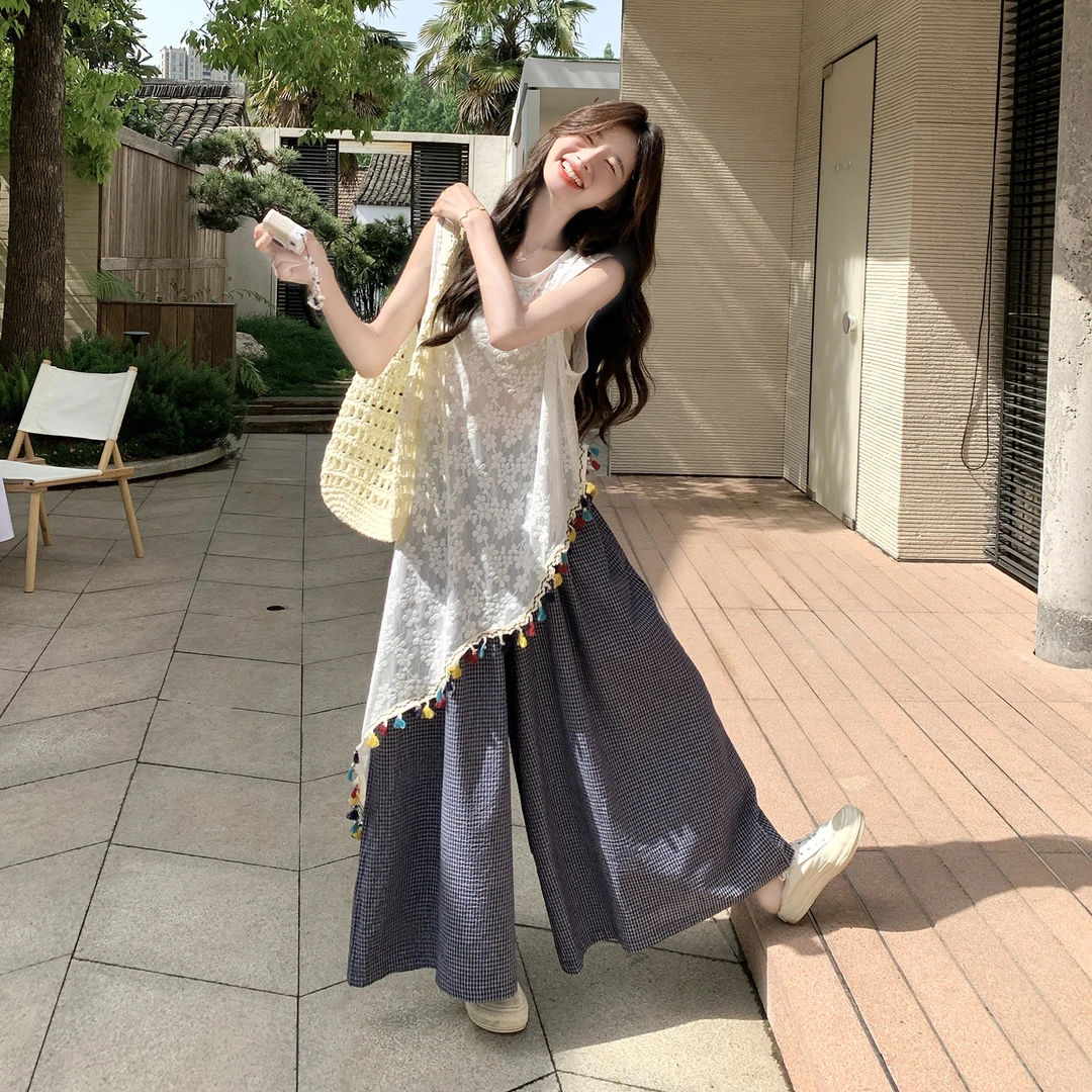 不规则流苏罩衫格子阔腿裤两件套女2025夏新款设计感温柔漂亮套装