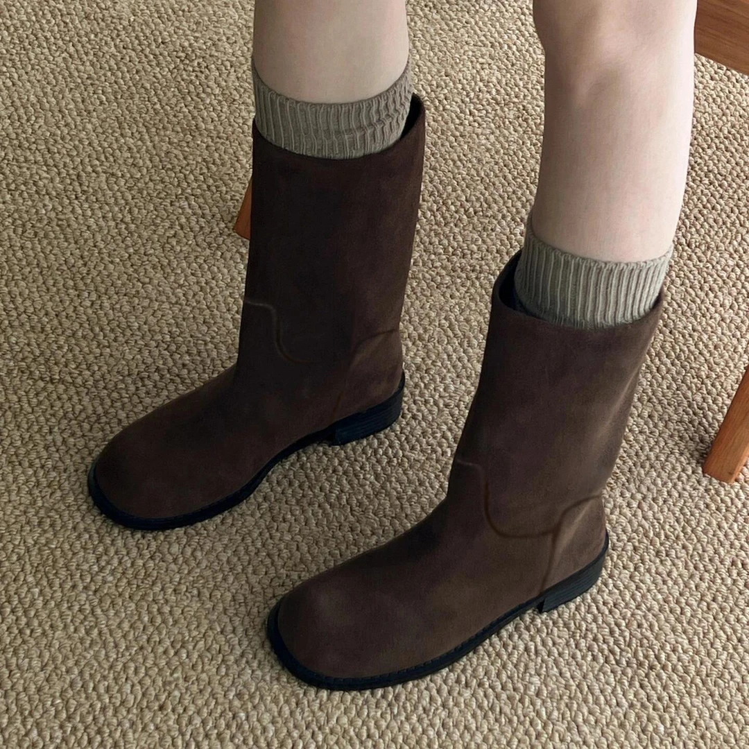 牛皮版~韩系宽筒真皮骑士中筒靴女粗跟西部靴复古厚底马丁靴短靴