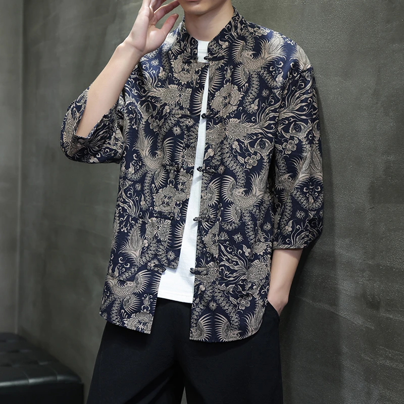 中国风七分袖衬衫夏季立领棉麻唐装盘扣休闲短袖大码宽松印花衬衣