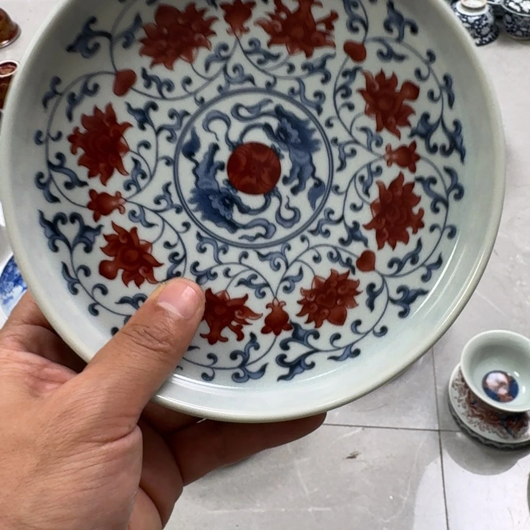 摆件釉里红缠枝莲大壶承老款微瑕