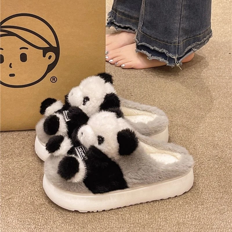 元族包头棉拖鞋女冬季外穿可爱卡通熊猫室内家居防滑厚底保暖毛绒
