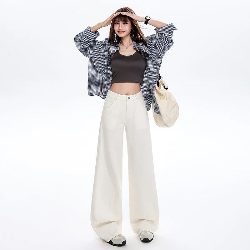 美式休闲潮流米白阔腿牛仔裤女2025春夏新款宽松垂感拖地直筒裤子