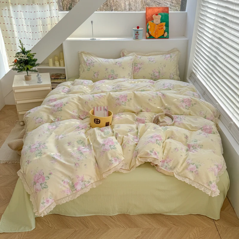 a类全棉双层纱四件套100全棉蕾丝花边小清新碎花双层纱三件套床品