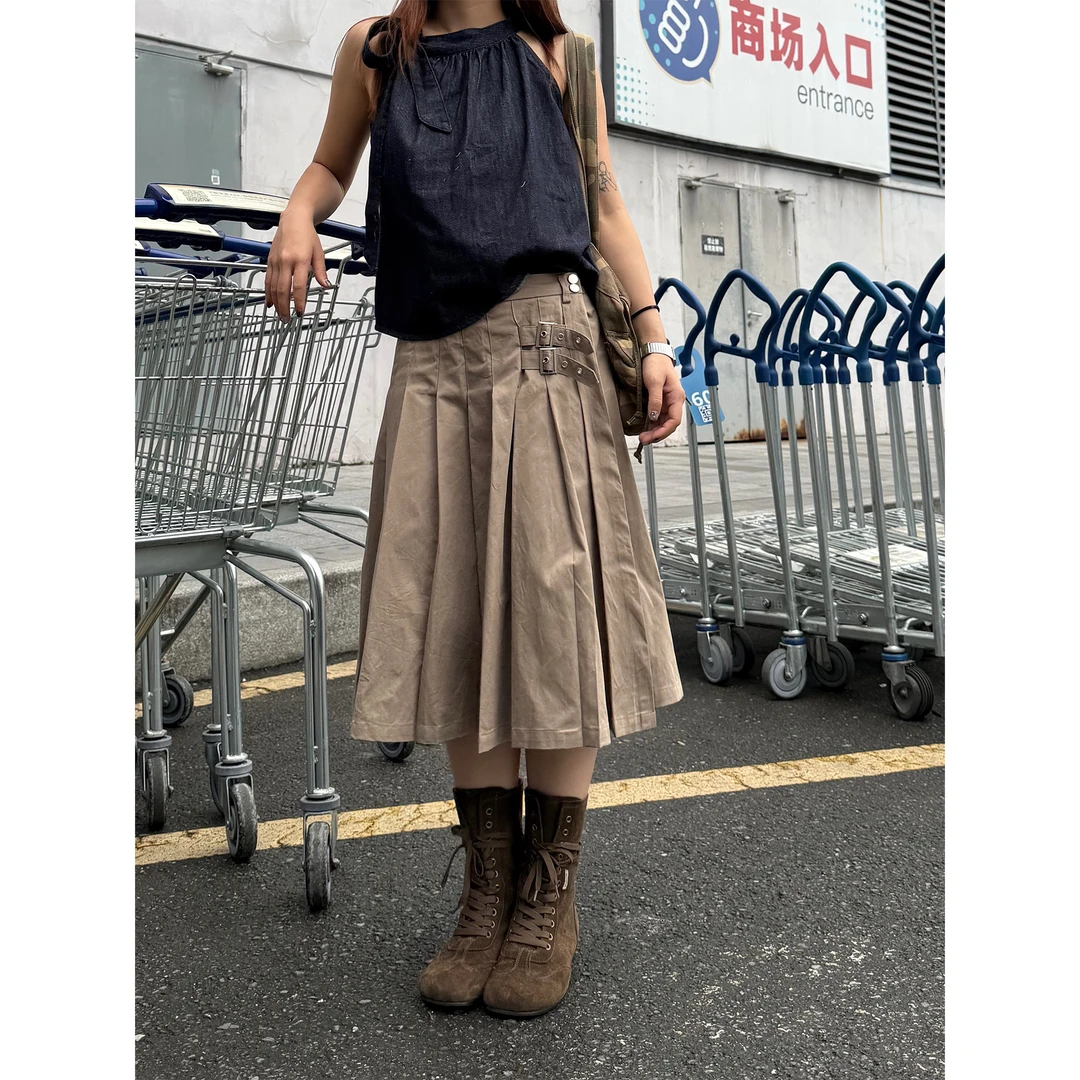 川川也家美式复古工装百褶裙休闲通勤半身裙女中长款