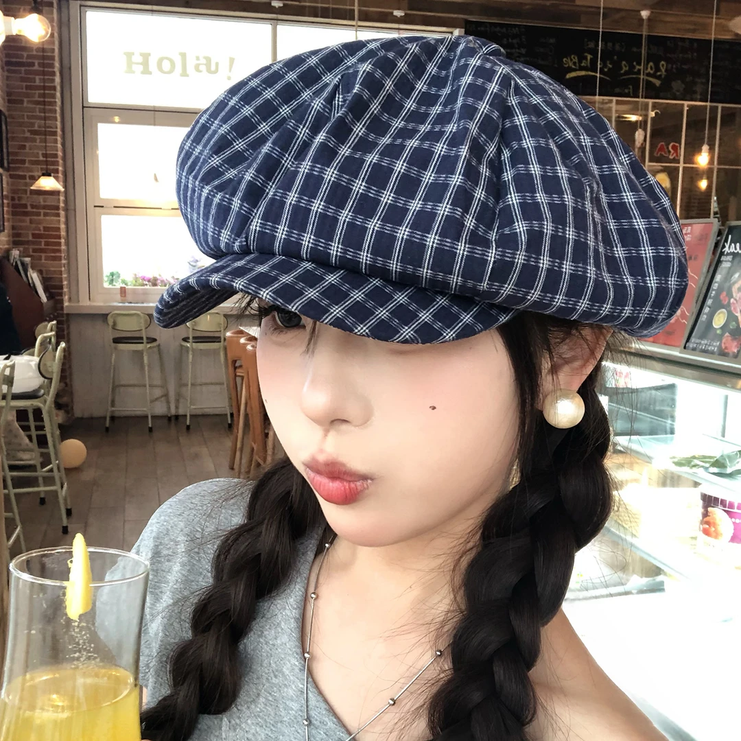 八角帽女夏季显脸小报童帽日系格纹贝雷帽子