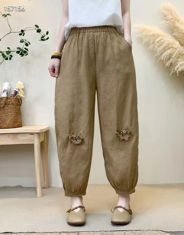 夏季新款复古文艺亚麻刺绣抽绳松紧腰九分哈伦女裤