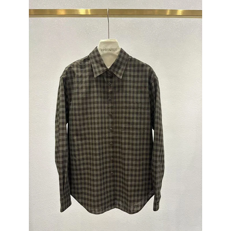 翻领绿格长袖衬衫1268