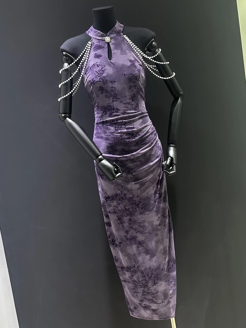 【Nice精选】国风露肩挂脖领无袖包臀旗袍连衣裙后开衩裙长130