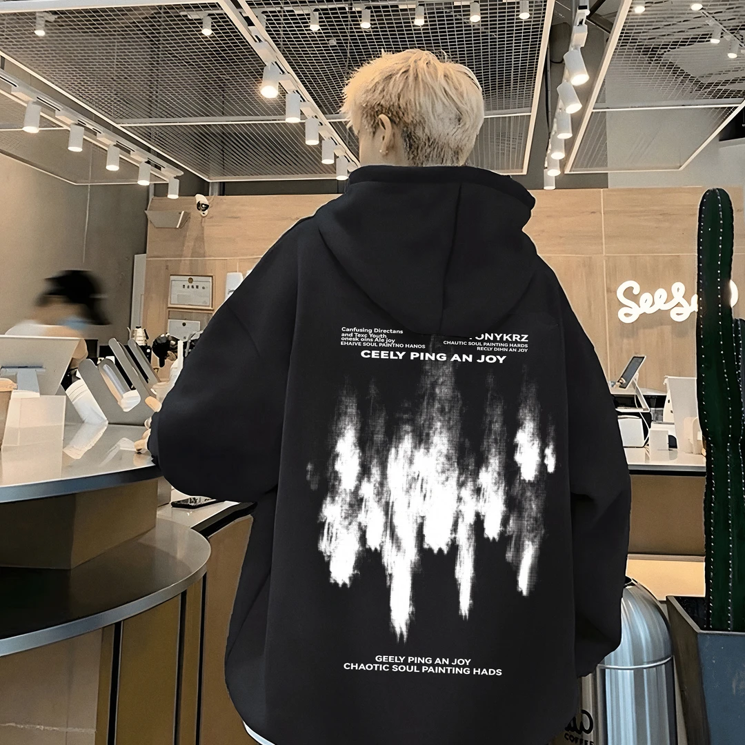 秋冬加绒加厚重磅连帽卫衣港风艺术小众潮牌外套新款宽松男装外套