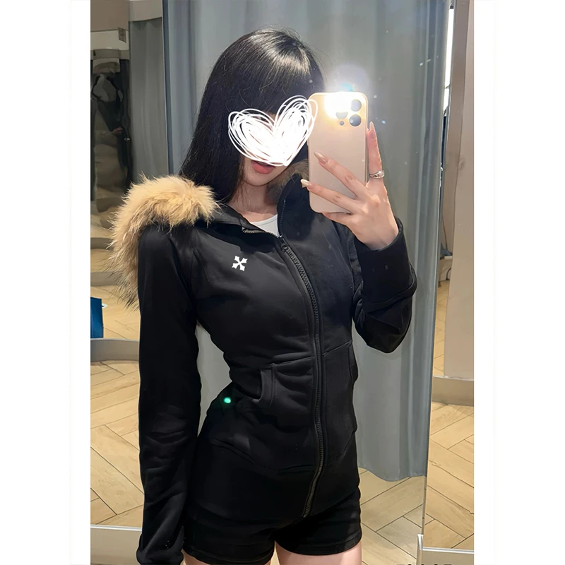 Moses Queen/魔西女王黑色毛领连帽加厚长袖开衫上衣外套