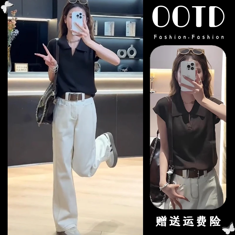2025年夏季新款高级感Polo针织短袖T恤休闲时尚阔腿裤牛仔裤套装