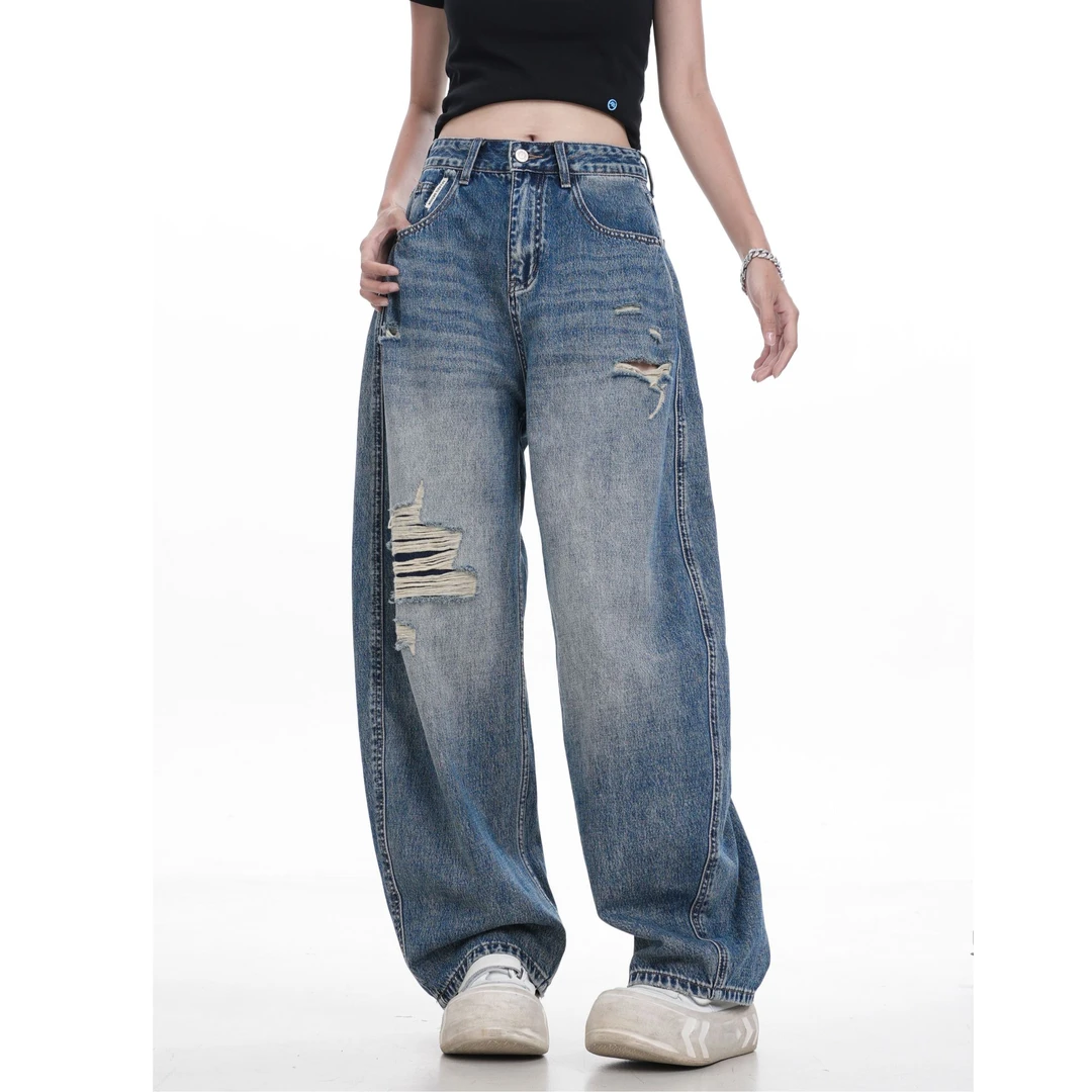 DIDI【自由行走】初秋新款-美式复古做旧水洗宽松直筒堆堆裤