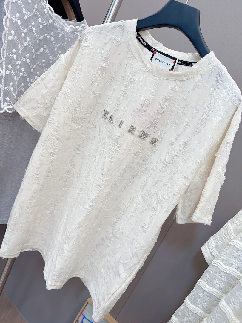 Cherryjar【 251230】蕾丝白色针织时尚百搭女士夏季圆领上衣