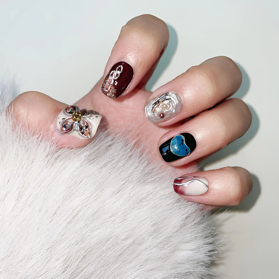 【涩味奶茶】纯手工穿戴甲美甲贴片雕花立体工艺/附工具包