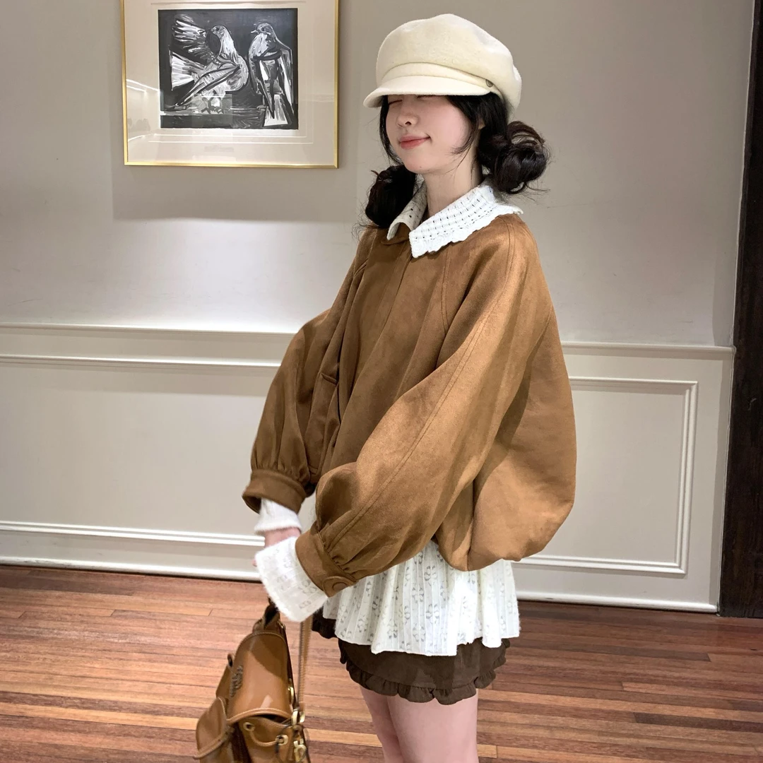 MARIE.COCO早秋韩系棕色麂皮外套女氛围感衬衫穿搭半身裙三件套装