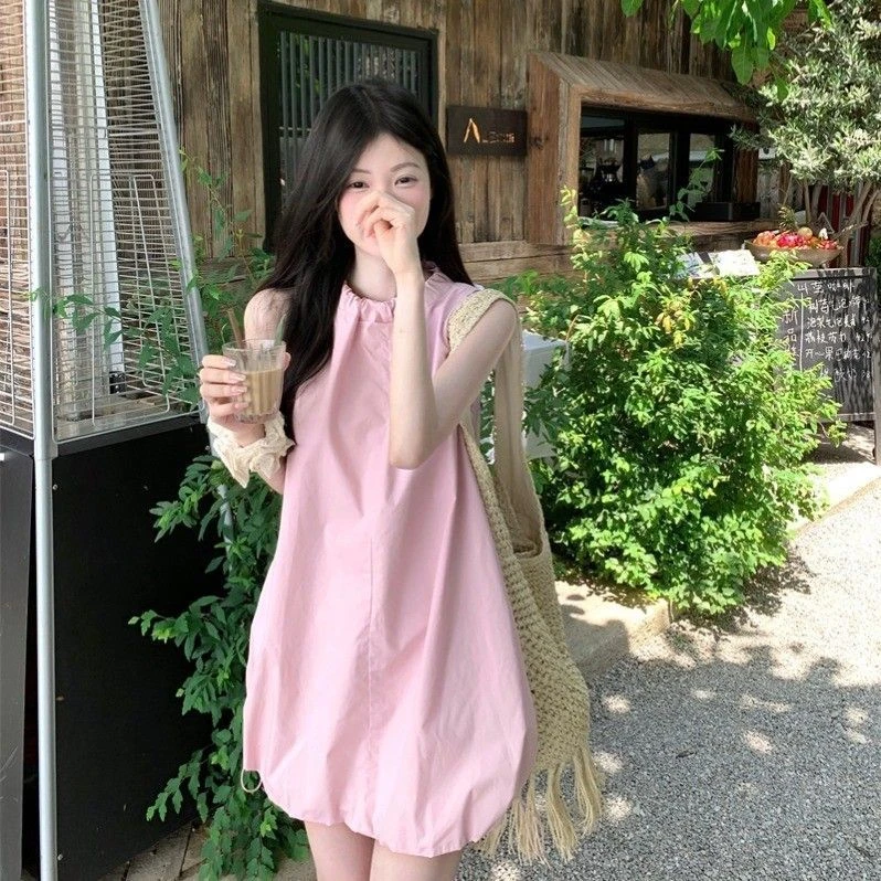 温柔风减龄设计感粉色系带连衣裙女夏季2025新款色花苞裙短裙潮