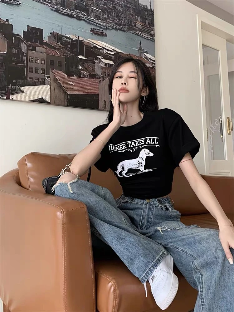 黑色狗狗印花正肩短袖T恤显瘦女装夏季甜酷辣妹修身绑带短款上衣