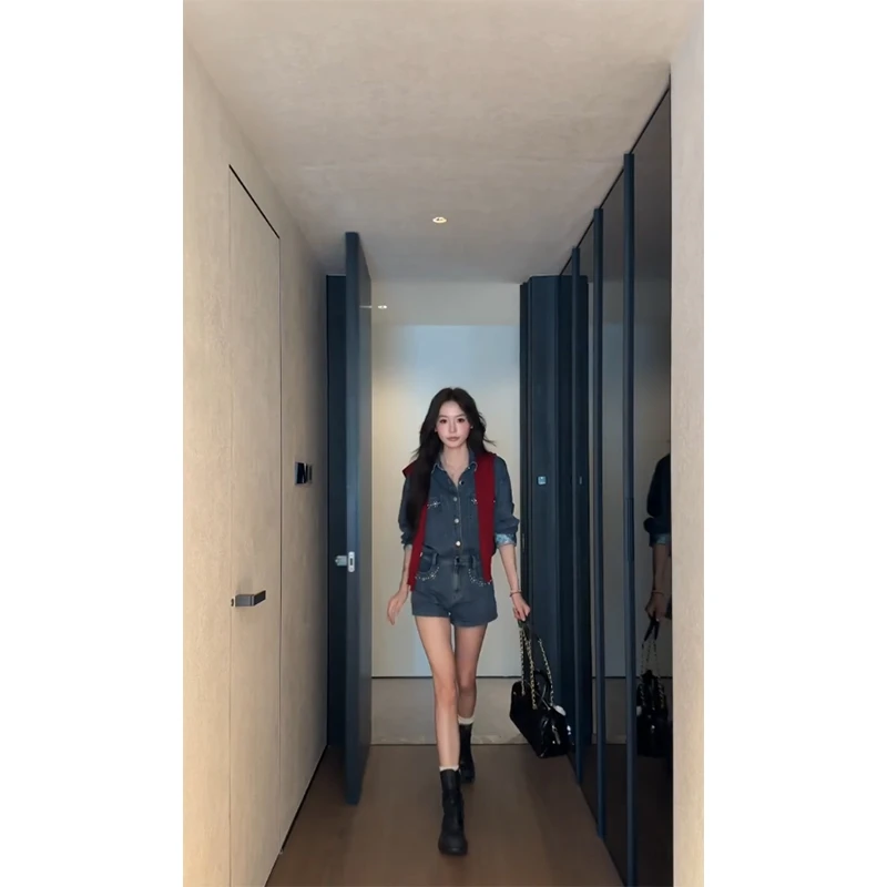 秋季新款高级感牛仔套装长袖牛仔外套上衣女设计感短款裤子两件套